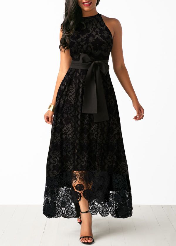 sleeveless high low belted black lace dress