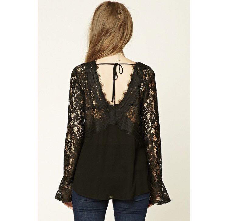 Forever 21 Blouse (Category: Blouses) located in Quezon City. Submitted by als421 (Listing ID 1040654680, Image 2). Description: New, original Semi sheer, crochet, lace top with self-tie V-cut back.