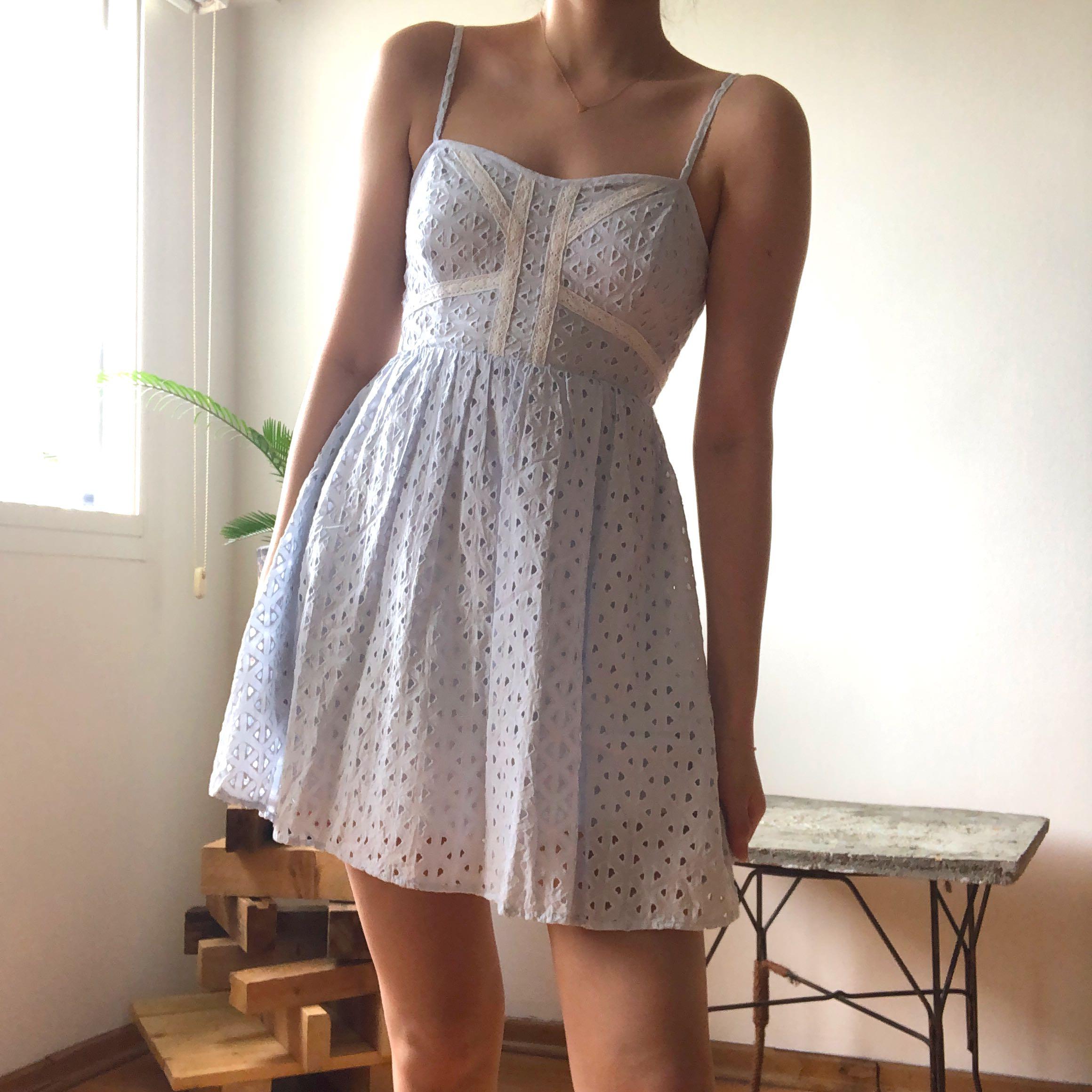 H&M Eyelet Lace Dress - Light Blue, Women's Fashion, Tops, Sleeveless on  Carousell