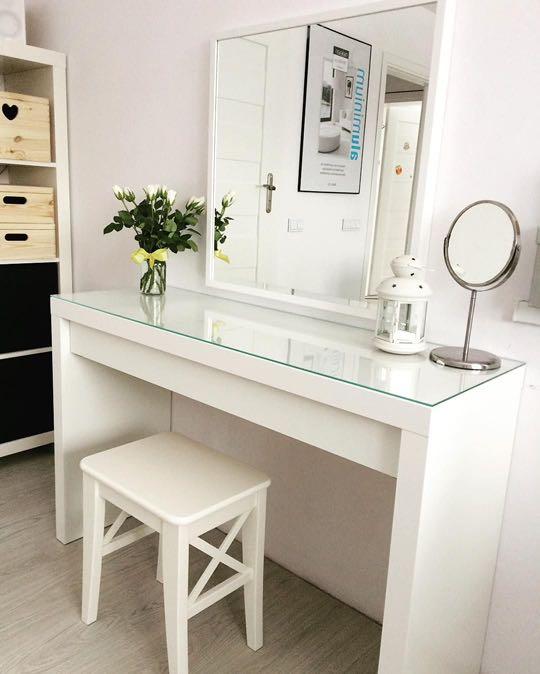 ikea malm dressing table, glass topper & stool , Home & Furniture on