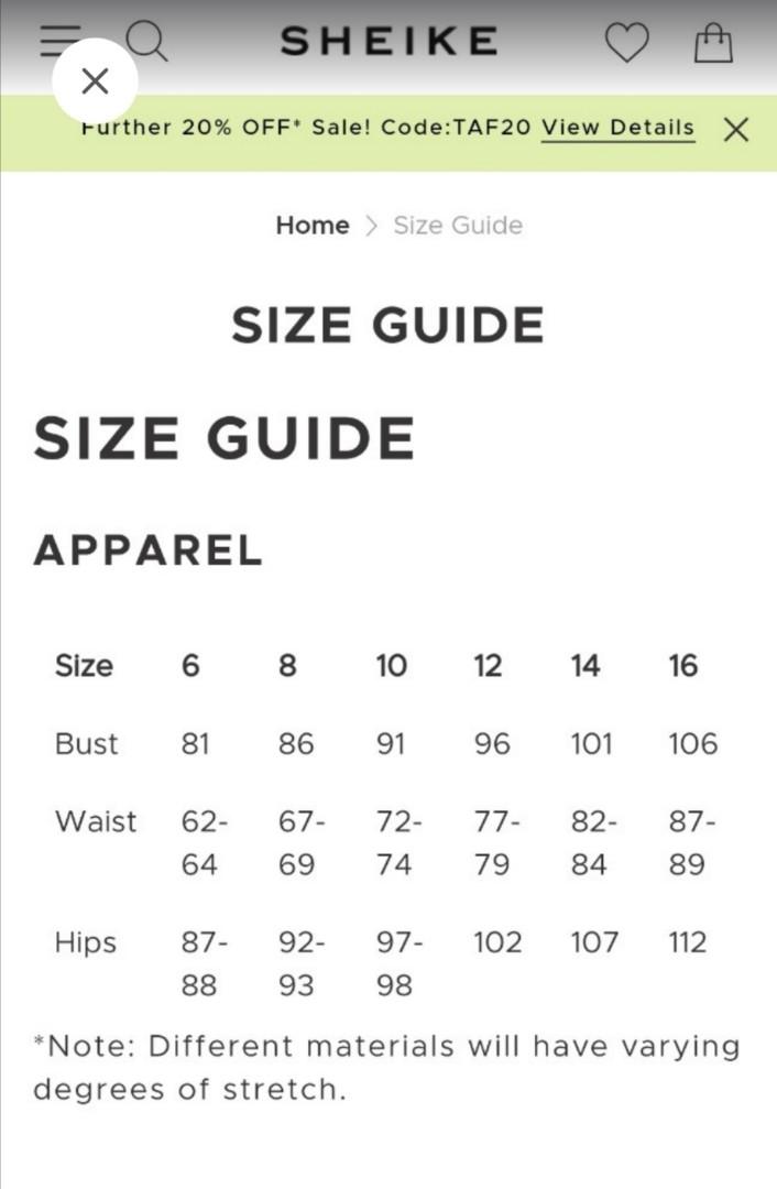 sheike sizing guide