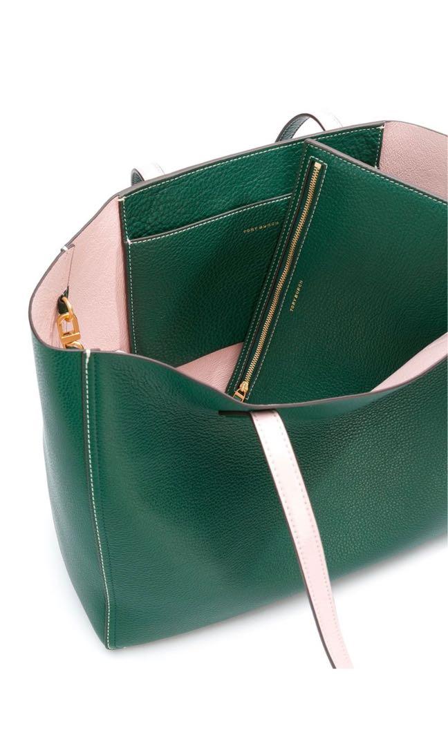 Authentic TORY BURCH Green Pink Perry Reversible Tote Bag