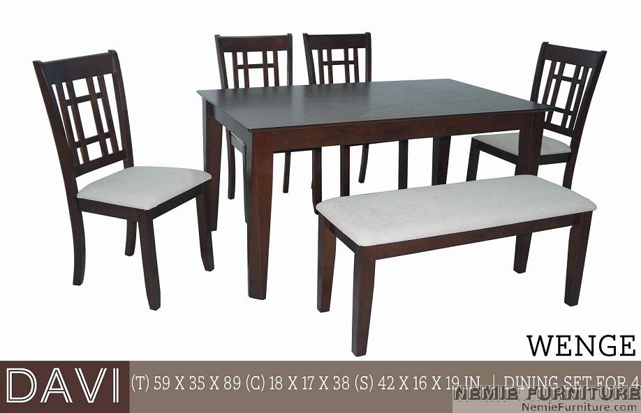 DAVI dining set (Category: Chairs) located in Quezon City. Submitted by nemiefurniture (Listing ID 1040961490, Image 1). Description: wooden dining table with 4 chairs and 1 bench table: 59"L x 35"W x 29"H chair: 18"L x 17"W x 38"H bench: 42"L x 16"W x 19"H https://nemiefurniture.com Prices negotiable.
