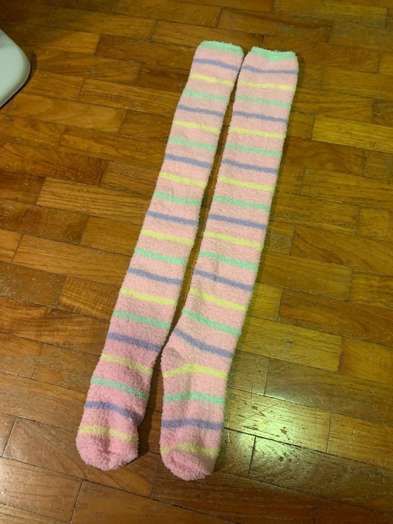 Fuzzy knee to thigh high socks - pastel 