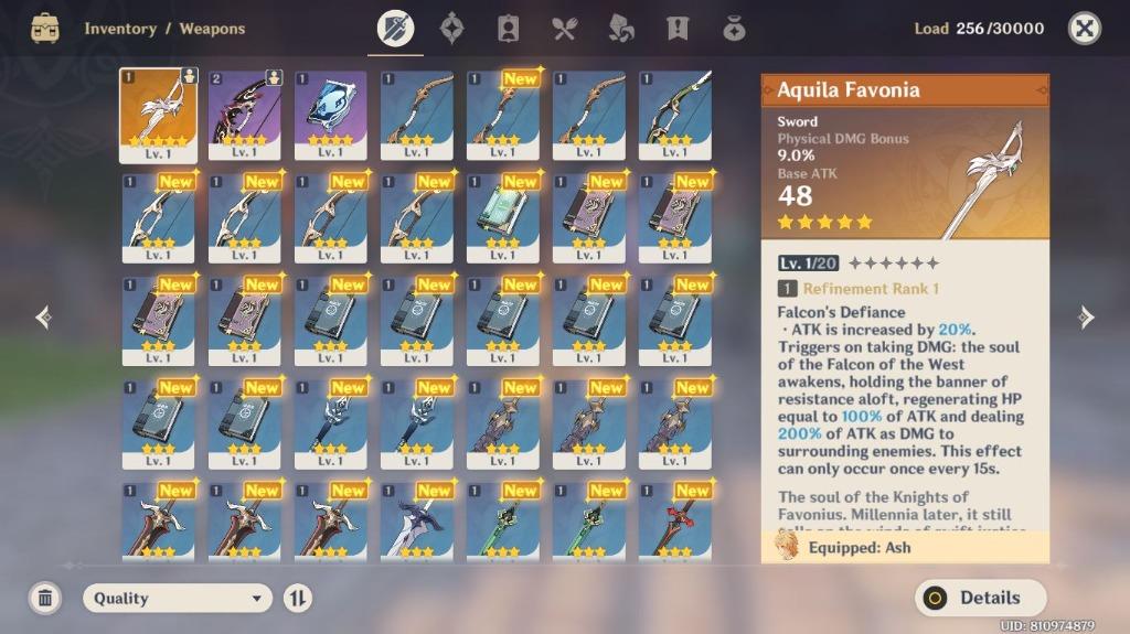 Genshin Impact Ar7 5 Star Weapon Aquila Favonia 4 Star Rank2 Rust 4 Star Fischl Video Gaming Others On Carousell