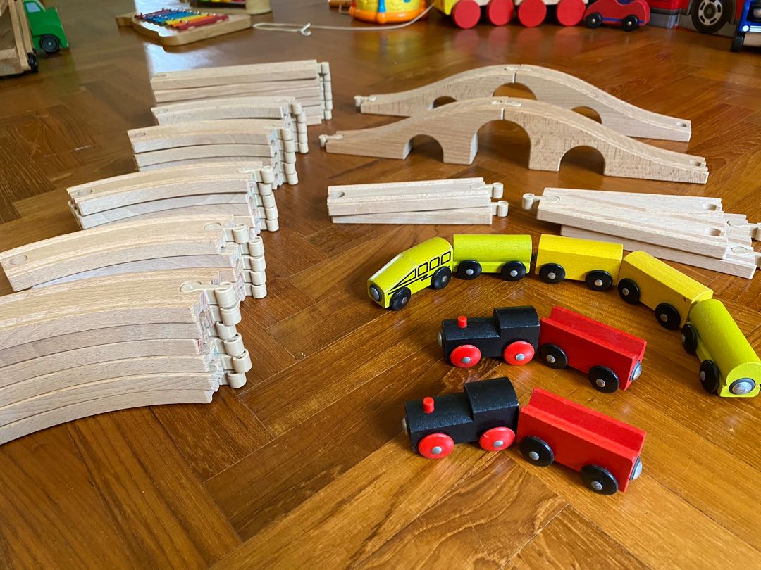 Ikea wooden train set 40 track pieces plus trains carriages, Toys