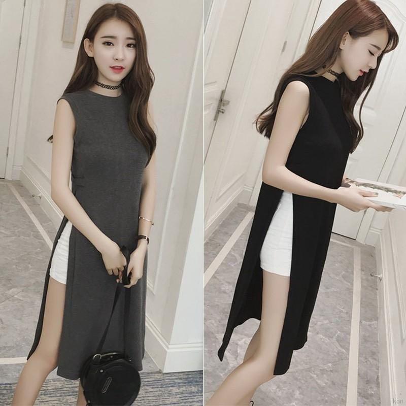 Korean Fashion Women Sleeveless High Split Midi Elegant Slim Dress Women S Fashion Clothes Dresses Skirts On Carousell