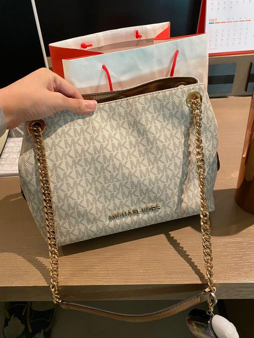 Michael Kors Jet Set MEDIUM Chain Messenger Signature PVC Colour Vanilla Authentic Bag