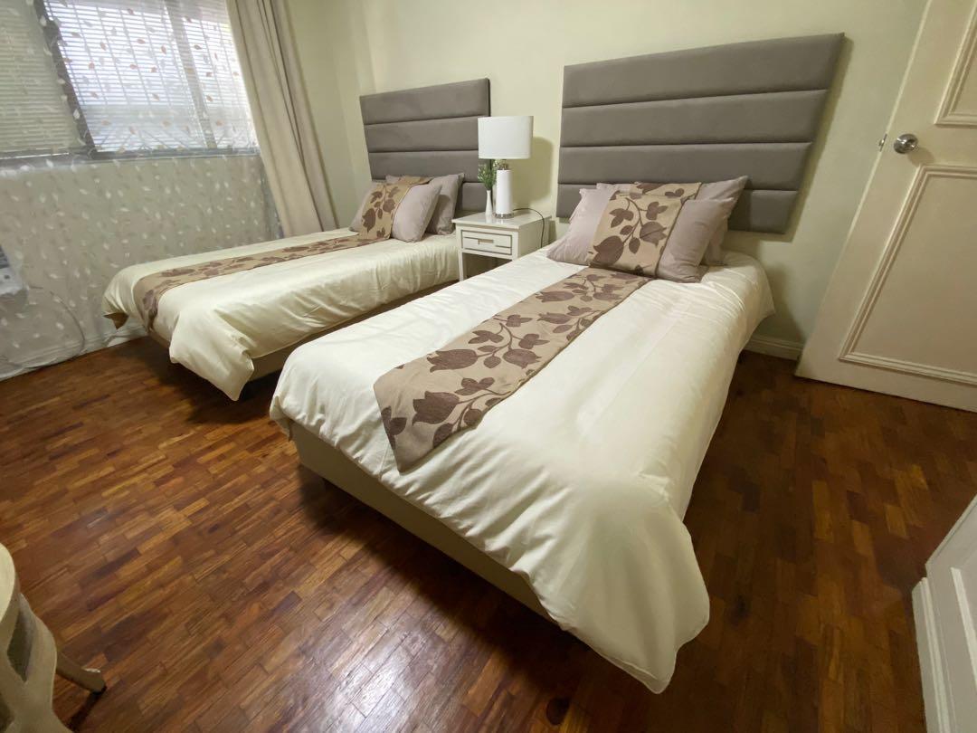 Single Bed 2 (Category: Bed Frames & Mattresses) located in Pasig City. Submitted by antonrecto (Listing ID 1040942853, Image 2). Description: Single Bed (2) L 200 cm W 100 cm H 45 cm With wheels in one end for easier transport Headboard not included.
