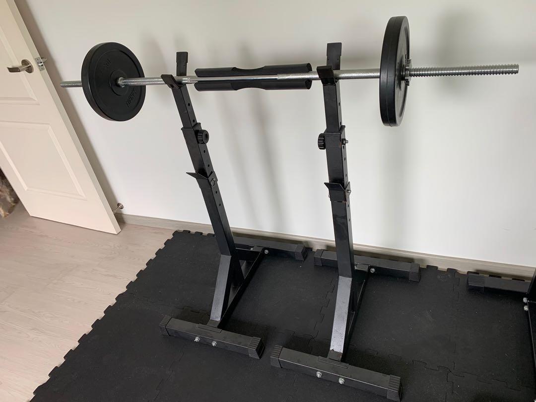 Squat rack with 2x10kg weights gym mats 10 Pcs Sports Equipment Exercise Fitness Weights Dumbbells on Carousell