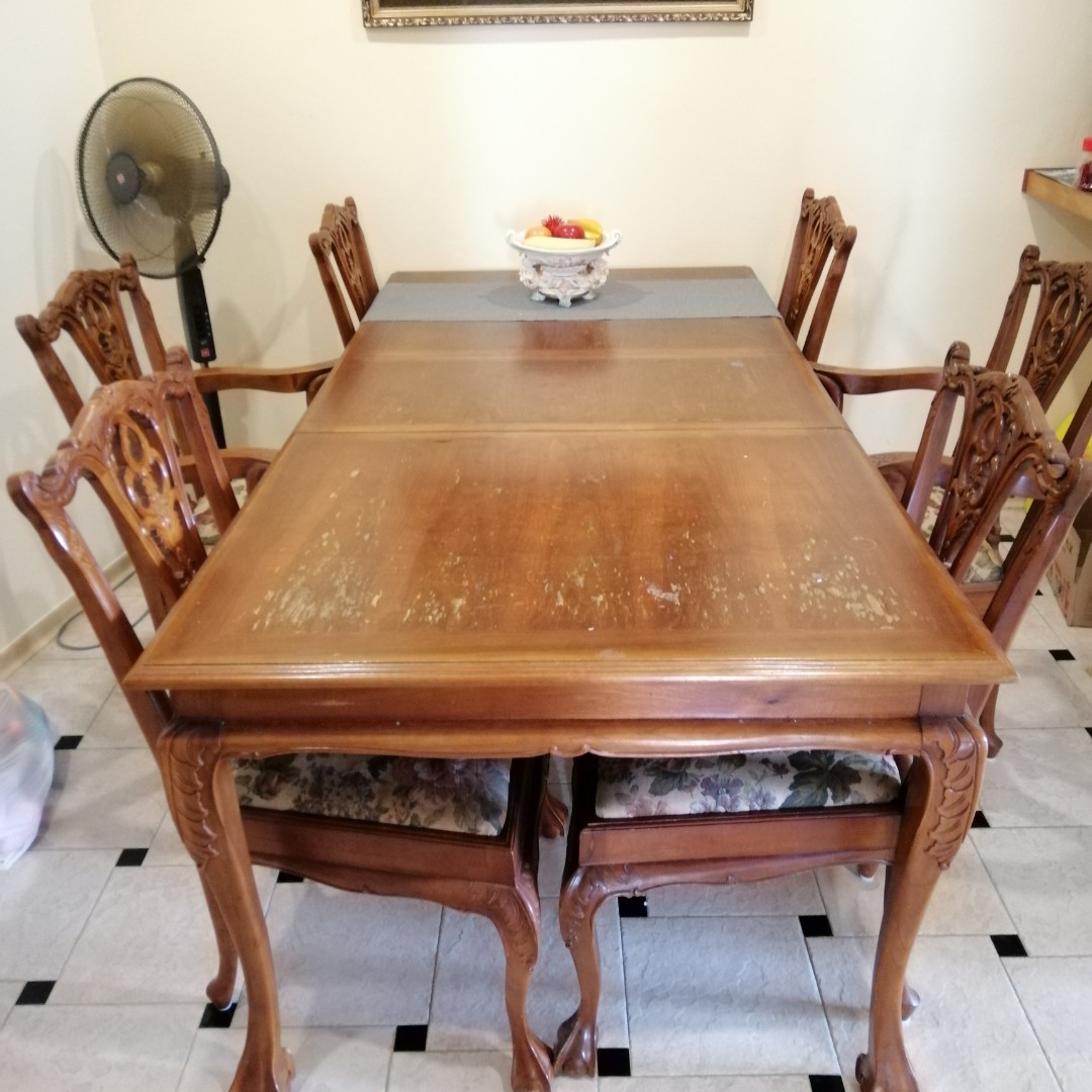 Vintage Wood Dining Table With 6 Chairs, Furniture & Home Living