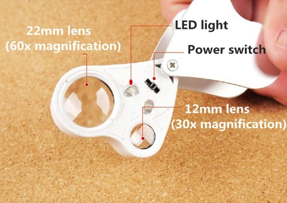 Lighted Jewelers Loupe Magnifier – 30X & 60X Zoom, LED Light, Foldable, Perfect For Inspection