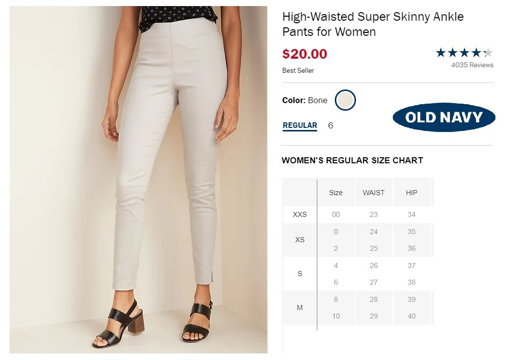 Old navy womens pants size chart sale