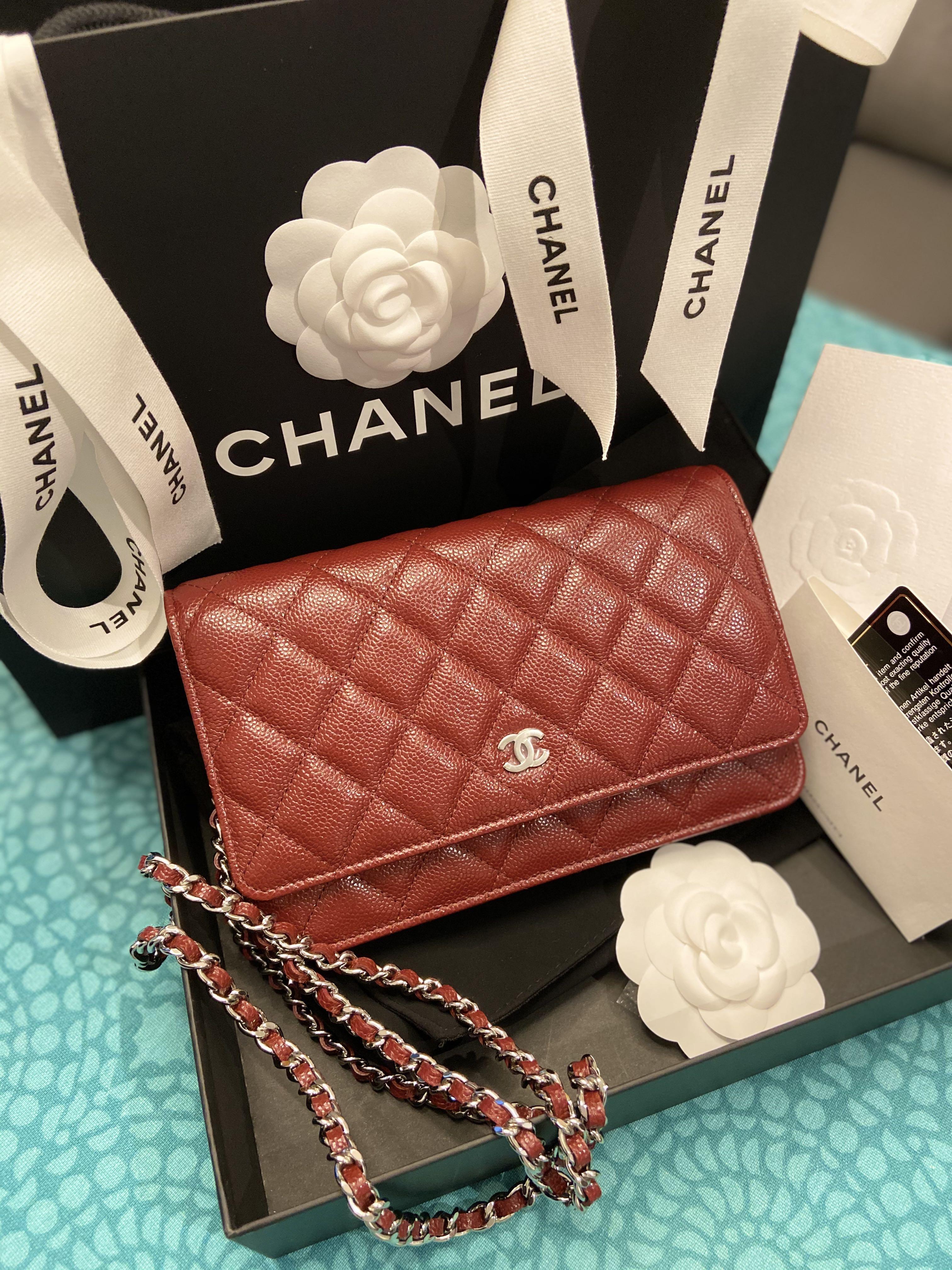 Chanel Burgundy Classic Quilted Caviar Wallet On Chain (WOC)