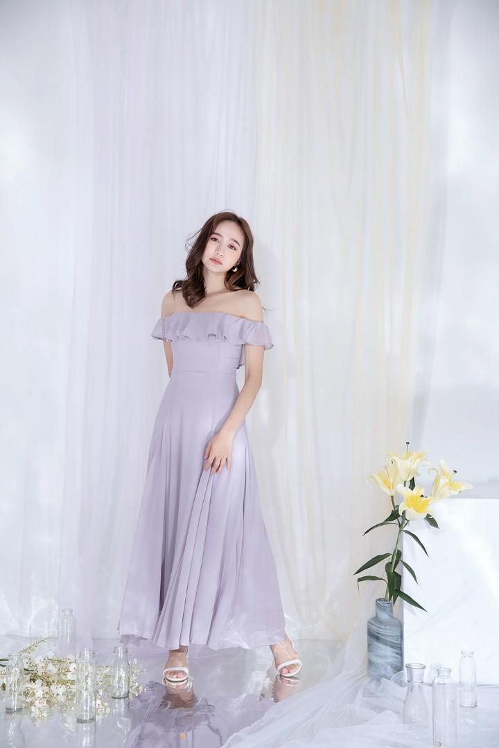 Purple off the shoulder maxi dress top