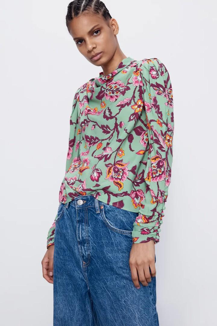 Zara mint green floral print draped blouse, Fesyen Wanita, Pakaian