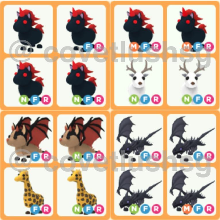 Adopt Me Legendary Mfr Nfr Mega Neon Fly Ride Pets Evil Unicorn Arctic Reindeer Bat Dragon Giraffe Shadow Dragon Toys Games Video Gaming In Game Products On Carousell