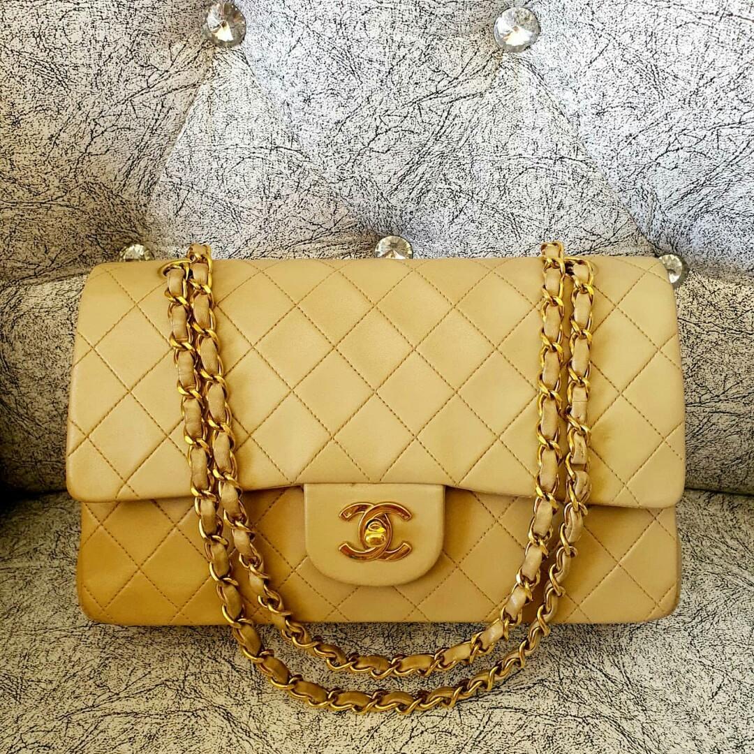 Authentic Chanel Double Flap Medium Lambskin in Gold HW Series 3