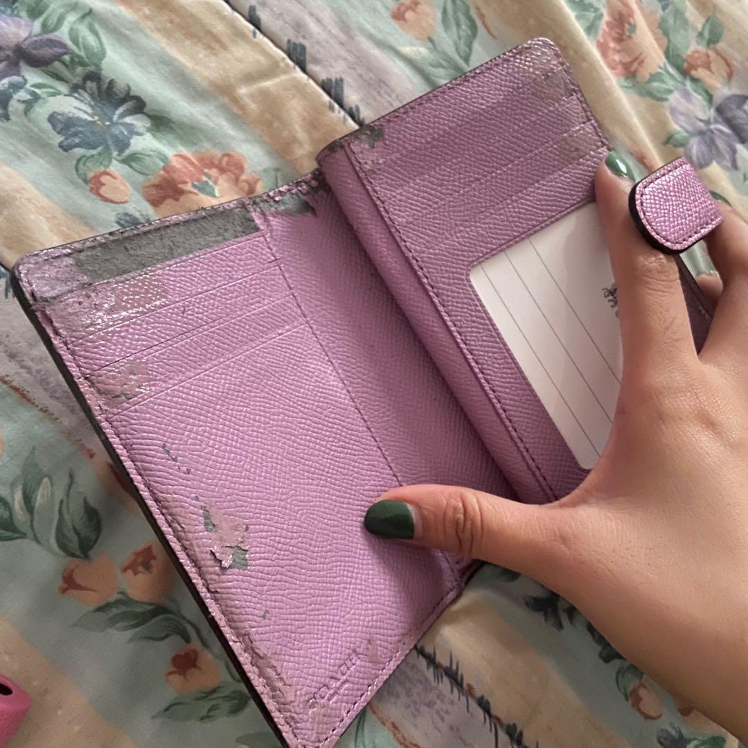 Authentic Coach sparkly metallic purple lavender trifold bifold wallet purse