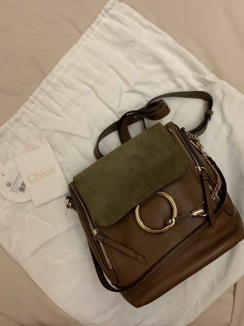 Chloe Faye Backpack MEDIUM Brown Leather with Olive Suede Flap