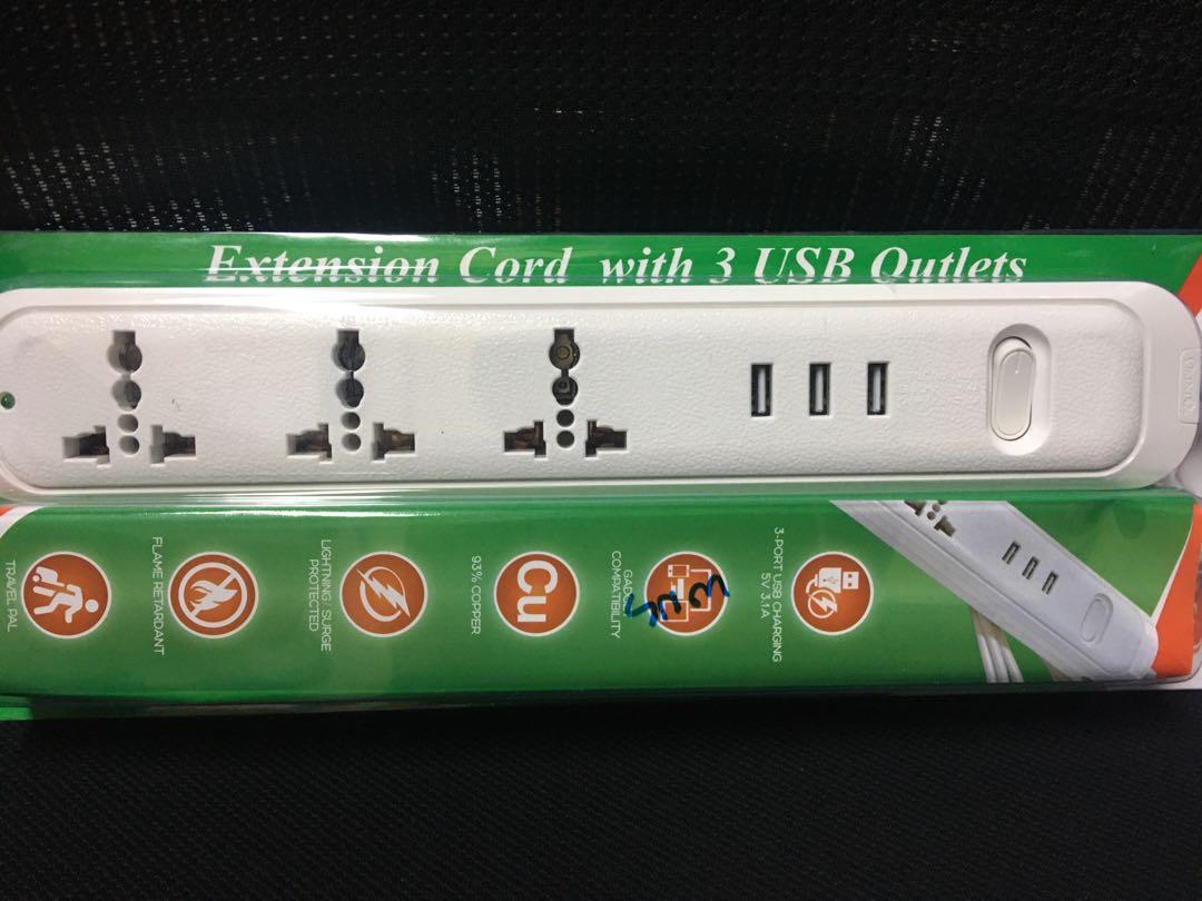 Extension cord w/ 3 USB outlets (Category: Electrical, Adaptors & Sockets) located in Quezon City. Submitted by tanyachoa (Listing ID 1041468042, Image 1). Description: Omni Brand.