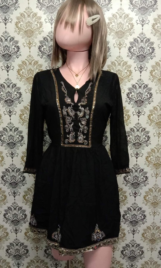 Black Bohemian Style Dress, Women's ...
