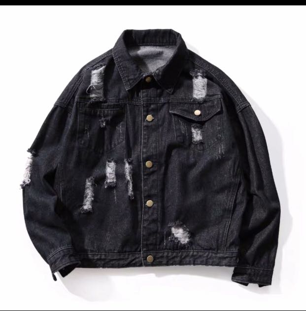 Mens black ripped denim jacket online