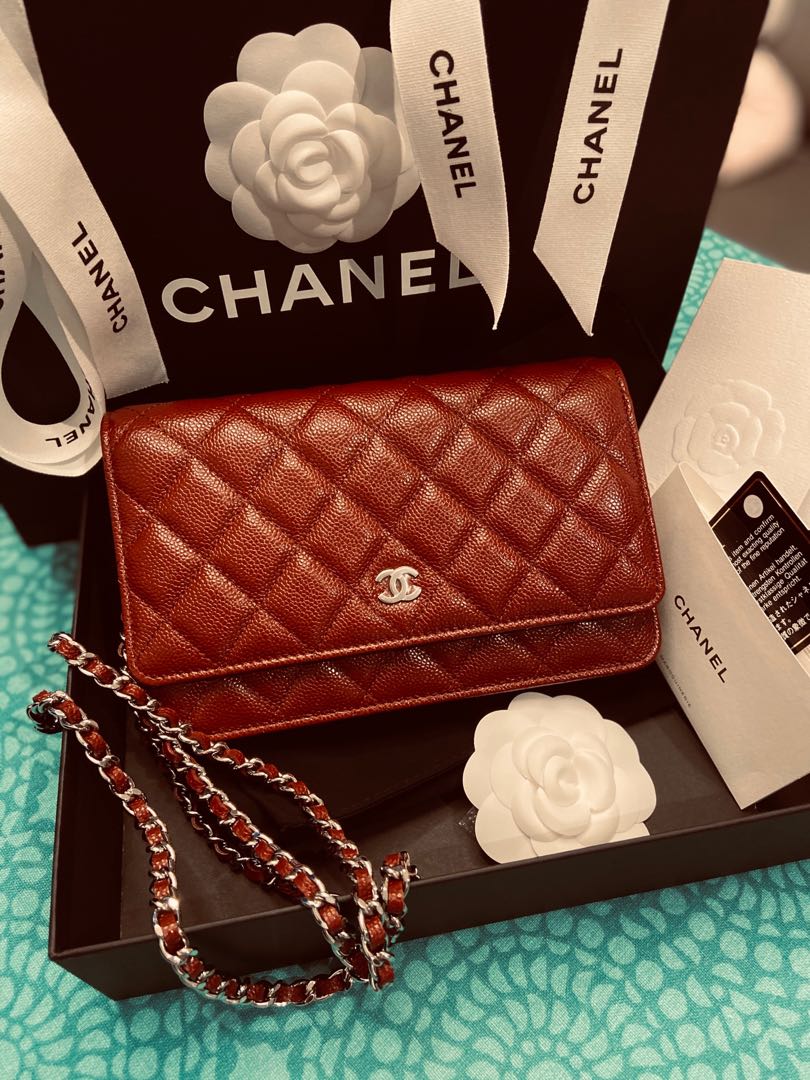 Chanel Wallet on Chain Metier D’art Shiny Calfskin Caviar In Burgundy Gold  HW