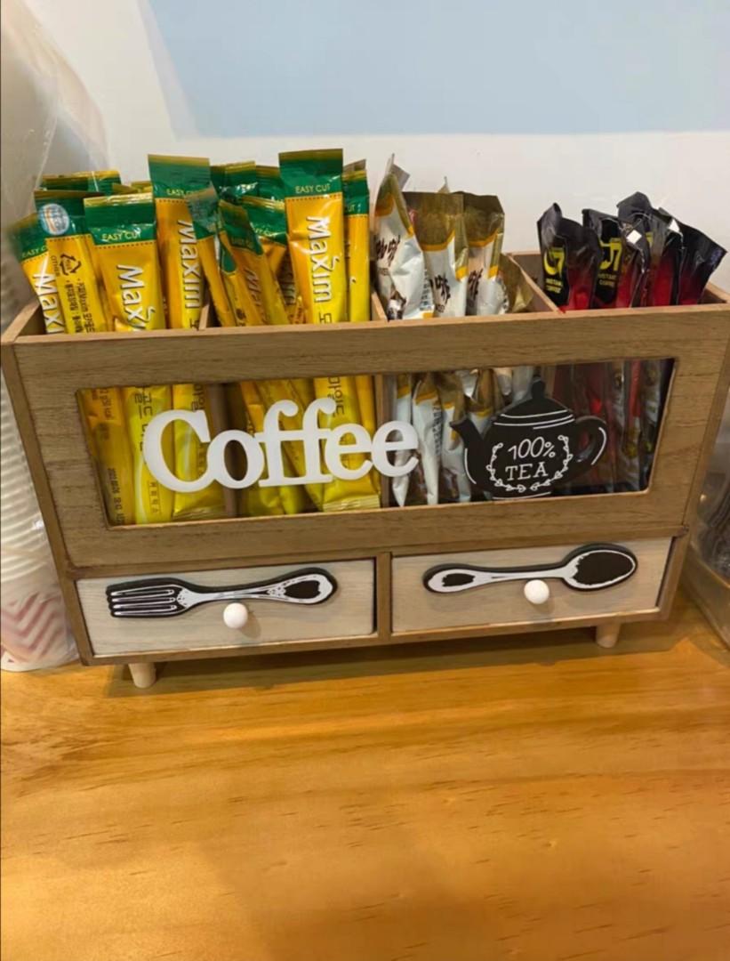 White Coffee Tea Sachets Packs Table Organizer Storage 2 Drawers