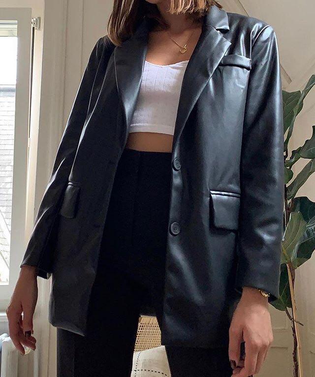 black/brown leather blazer, Women's Fashion, Coats, Jackets and Outerwear  on Carousell