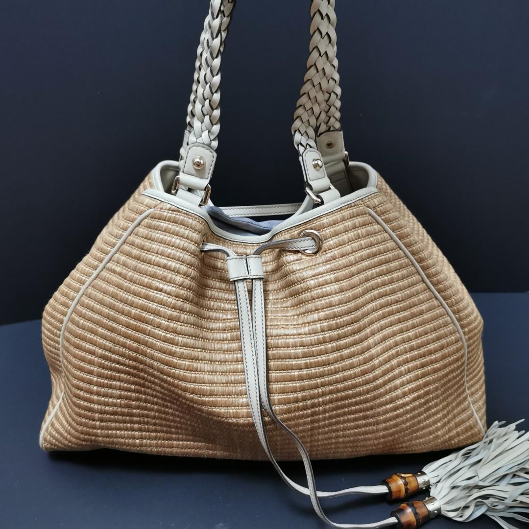 FIRESALE GUCCI Straw Peggy Braided Tote Off White Bag Luxury