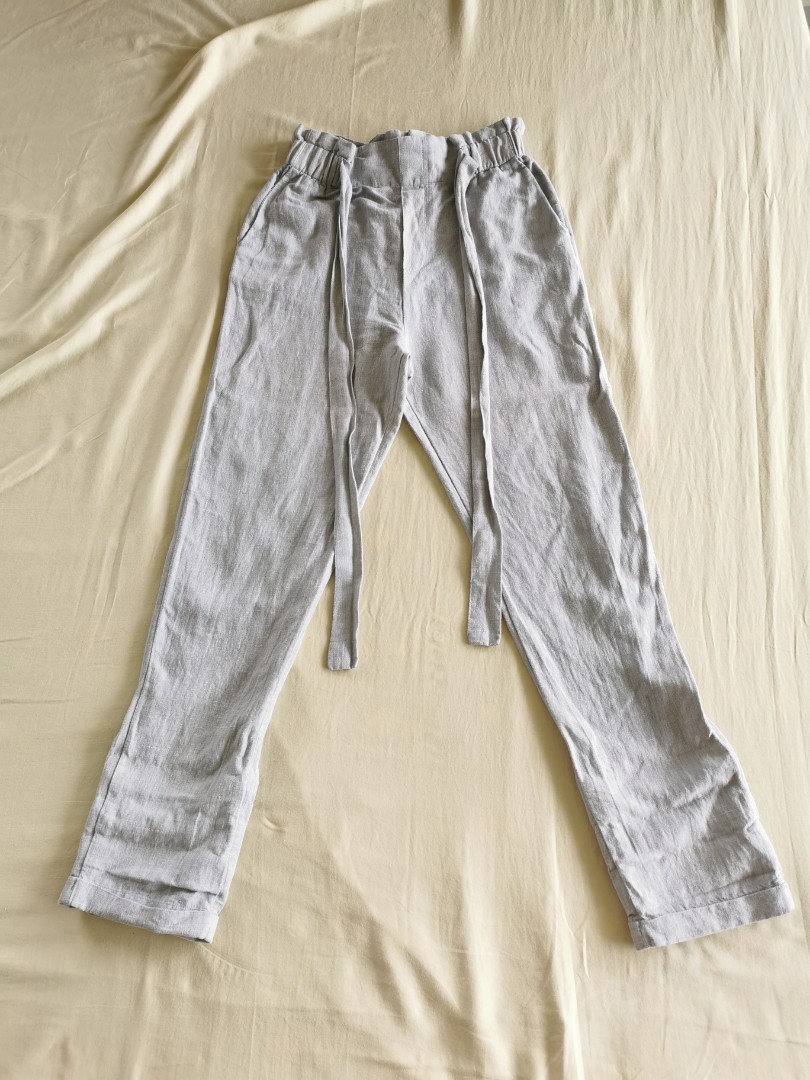 Mango Light Gray Linen Pants, Women's 