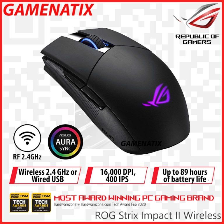 Rog Strix Impact Ii Wireless Gaming Mouse With 2 4 Ghz Wireless Connectivity 16 000 Dpi Optical Sensor Five Programmable Buttons Exclusive Push Fit Switch Socket Design Pivoted Buttons And Aura Sync Rgb Lighting Computers