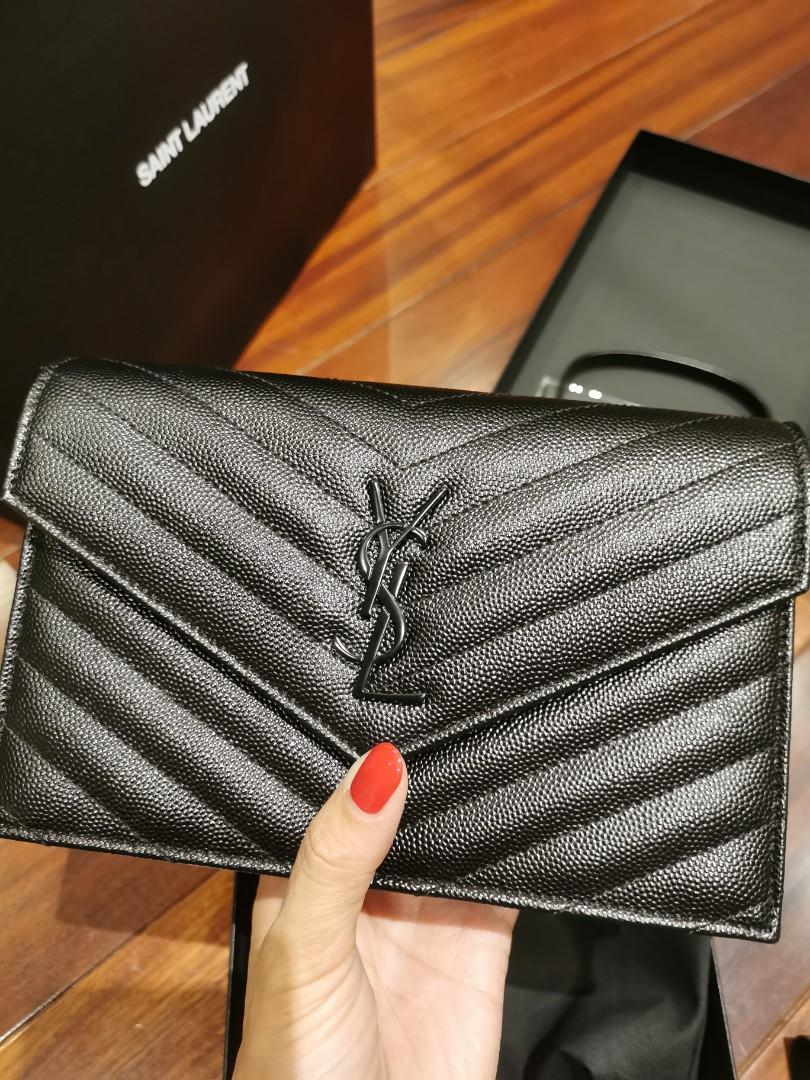Black on Black YSL small envelope wallet on chain, Luxury, Bags 