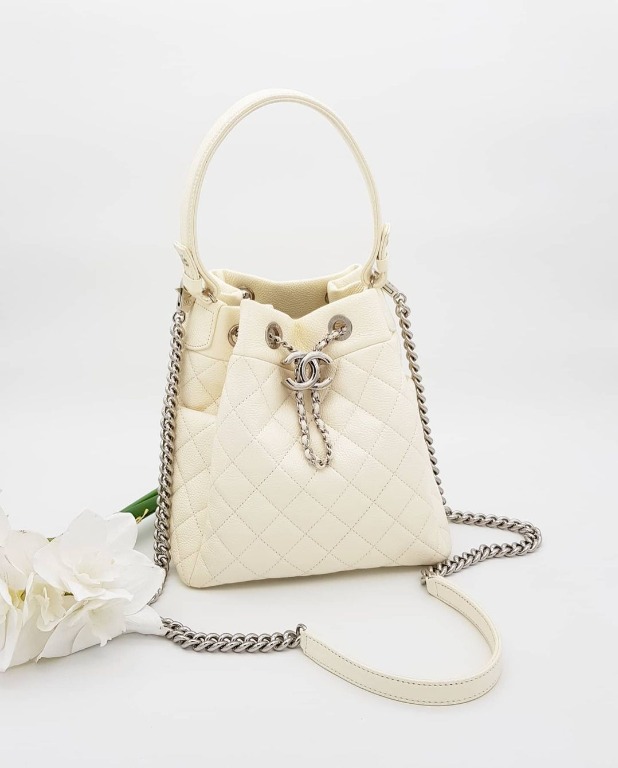 Chanel Chain Frame CC Drawstring Bucket Bag Lambskin Mini Neutral 19745545