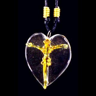 GLASS CRUCIFIX HEART PENDANT (Amber)- Jesus Christ on the Cross Fashionable & Unique Religious Catholic Necklace Jewelry for Men & Women