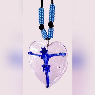 GLASS CRUCIFIX HEART PENDANT (Blue)- Jesus Christ on the Cross Fashionable & Unique Religious Catholic Necklace Jewelry for Men & Women
