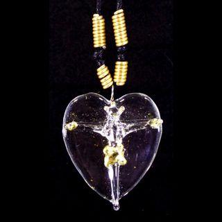 GLASS CRUCIFIX HEART PENDANT (Clear with Gold Leafing)- Jesus Christ on the Cross Fashionable & Unique Religious Catholic Necklace Jewelry for Men & Women