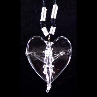 GLASS CRUCIFIX HEART PENDANT (Clear)- Jesus Christ on the Cross Fashionable & Unique Religious Catholic Necklace Jewelry for Men & Women