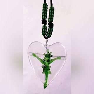 GLASS CRUCIFIX HEART PENDANT (Green)- Jesus Christ on the Cross Fashionable & Unique Religious Catholic Necklace Jewelry for Men & Women