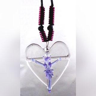 GLASS CRUCIFIX HEART PENDANT (Light Blue)- Jesus Christ on the Cross Fashionable & Unique Religious Catholic Necklace Jewelry for Men & Women