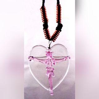 GLASS CRUCIFIX HEART PENDANT (Pink)- Jesus Christ on the Cross Fashionable & Unique Religious Catholic Necklace Jewelry for Men & Women