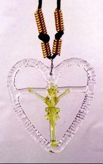 GLASS CRUCIFIX OPEN HEART PENDANT (Ye;;pw)- Jesus Christ on the Cross Fashionable & Unique Religious Catholic Necklace Jewelry for Men & Women