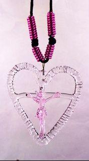 GLASS CRUCIFIX OPEN HEART PENDANT (Pink))- Jesus Christ on the Cross Fashionable & Unique Religious Catholic Necklace Jewelry for Men & Women