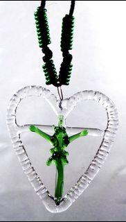 GLASS CRUCIFIX OPEN HEART PENDANT (Green)-Jesus Christ on the Cross Fashionable & Unique Religious Catholic Necklace Jewelry for Men & Women