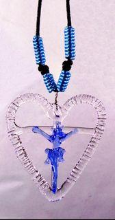 GLASS CRUCIFIX OPEN HEART PENDANT (Light Blue)- Jesus Christ on the Cross Fashionable & Unique Religious Catholic Necklace Jewelry for Men & Women