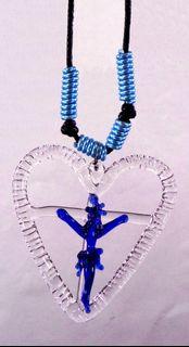 GLASS CRUCIFIX OPEN HEART PENDANT (Dark Blue)- Jesus Christ on the Cross Fashionable & Unique Religious Catholic Necklace Jewelry for Men & Women