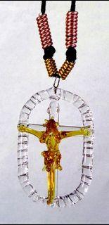 GLASS CRUCIFIX OVAL PENDANT (Amber)- Jesus Christ on the Cross Fashionable & Unique Religious Catholic Necklace Jewelry for Men & Women