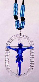 GLASS CRUCIFIX OVAL PENDANT (Blue)- Jesus Christ on the Cross Fashionable & Unique Religious Catholic Necklace Jewelry for Men & Women