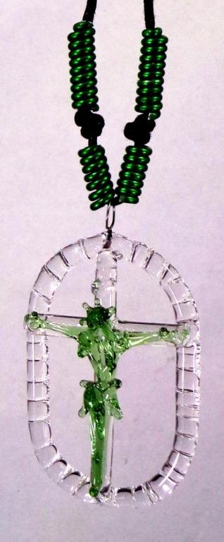 GLASS CRUCIFIX OVAL PENDANT (Green)- Jesus Christ on the Cross Fashionable & Unique Religious Catholic Necklace Jewelry for Men & Women
